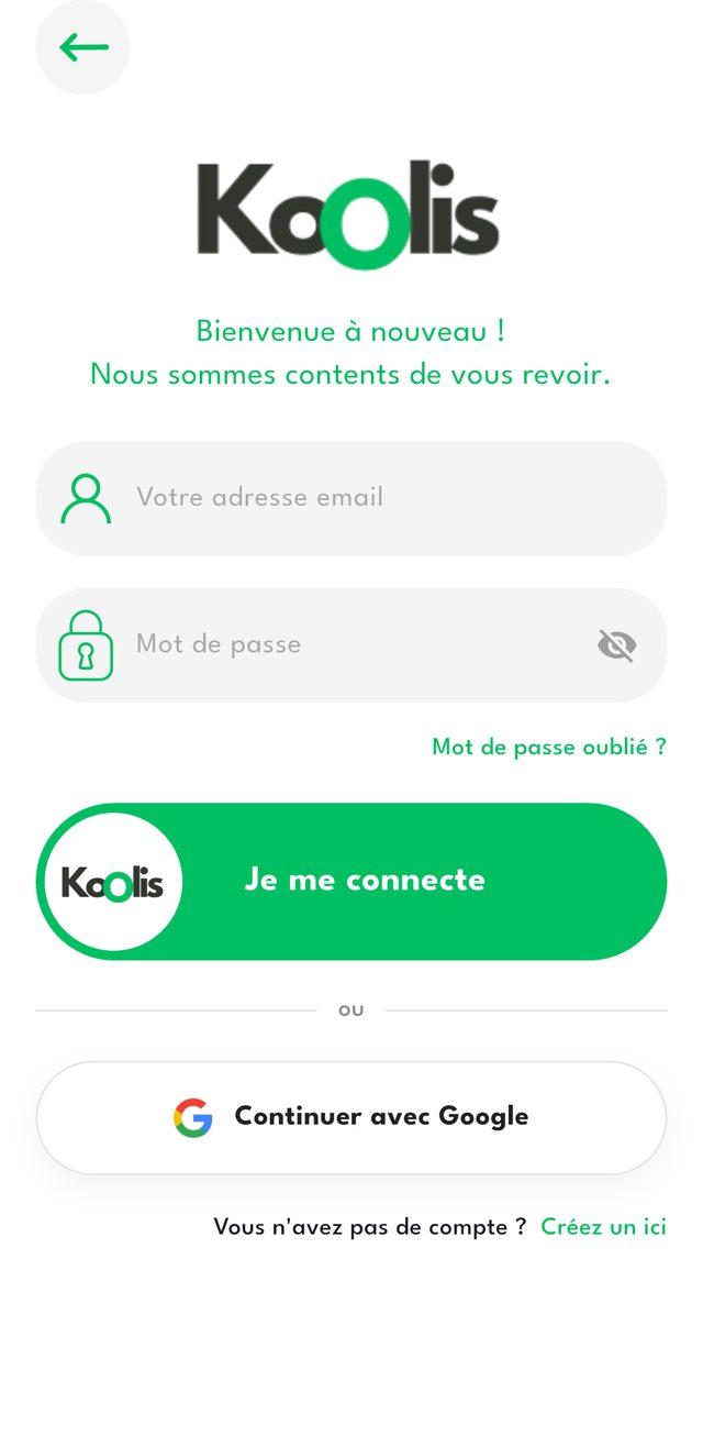 Écran de connexion : adresse e-mail, mot de passe, continuer avec Google